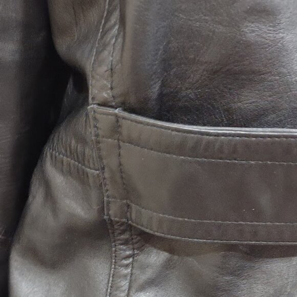 COLEBROOK BLACK ALL LEATHER TRENCHCOAT SNAPS FAUX BUTTON LINED FAUX BELT SIZE XL - Picture 9 of 16